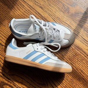 adidas Kids Samba Sneakers in White, Light Blue & Gum